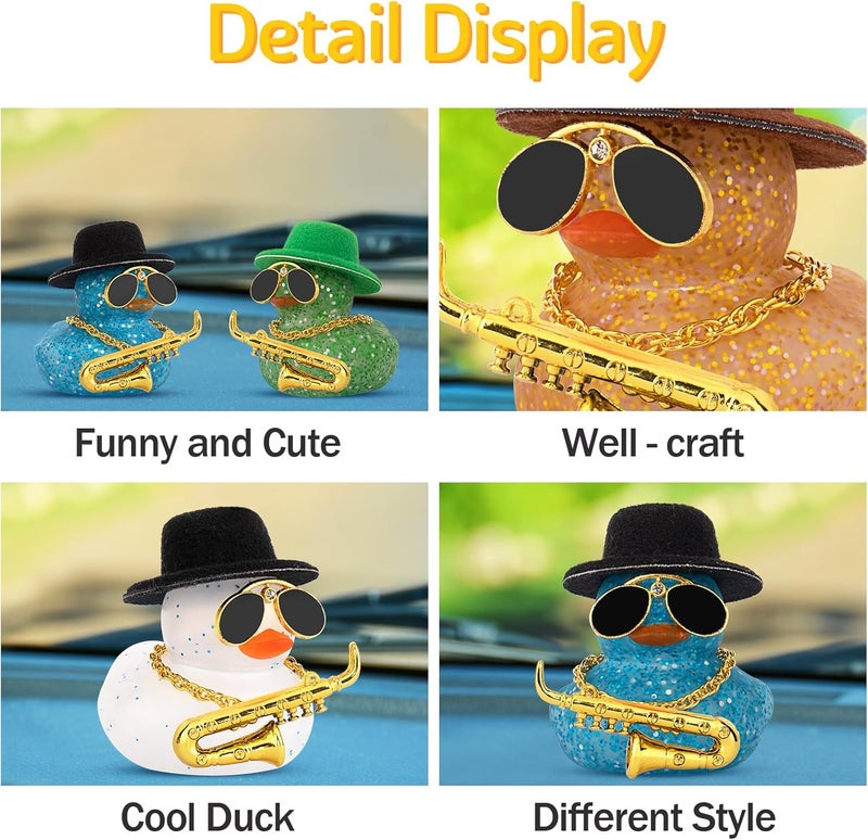 wonuu Car Dashboard Ducks, Saxophone Decor Rubber Duck Car Ornaments with Mini Top Hat Necklace Sunglasses (Light Blue) - Image 4